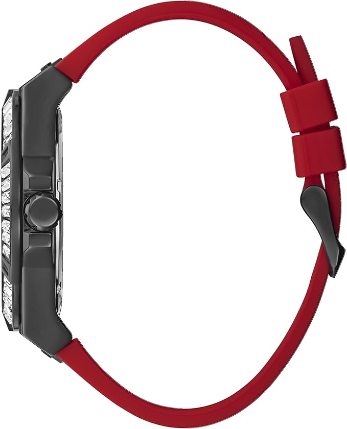 Guess watch side view showing black case, crystal-set bezel, and red silicone strap