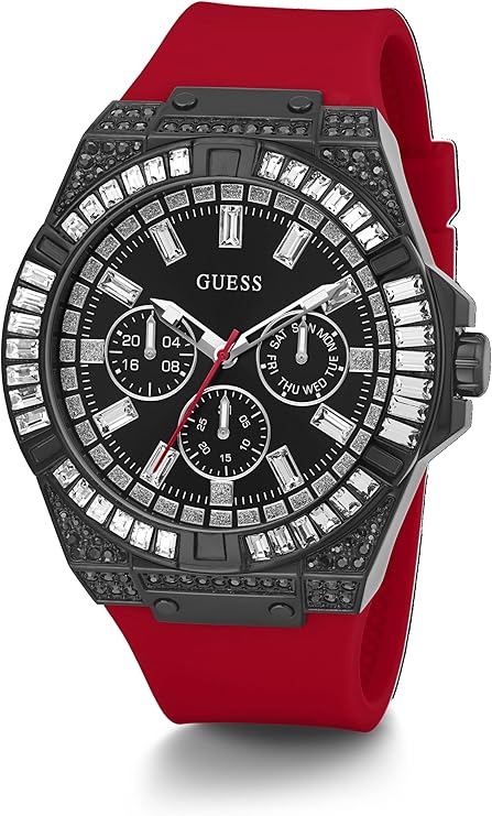 Guess men's watch worn showing black case, black dial with subdials, and red silicone strap