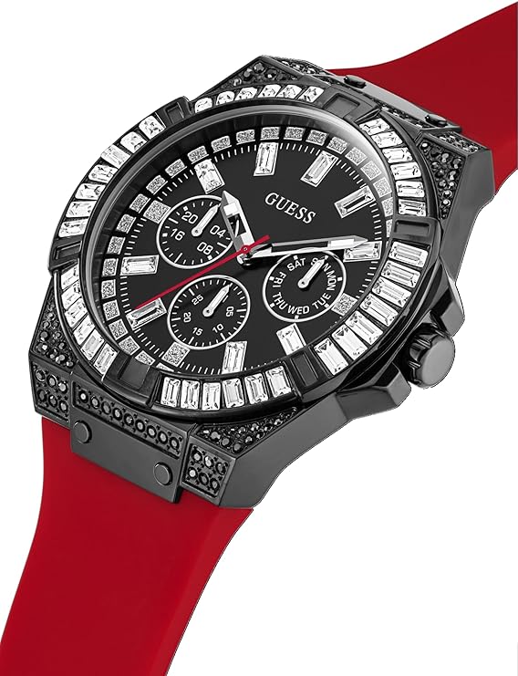 Guess watch angled view displaying black case, crystal bezel, black dial, and red strap