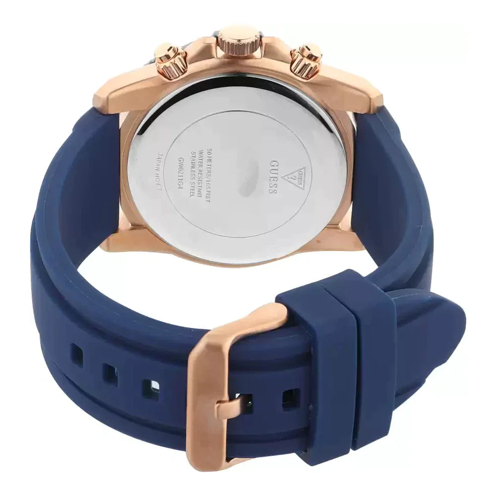 Guess GW0211G4 watch caseback showing rose gold case with blue silicone strap