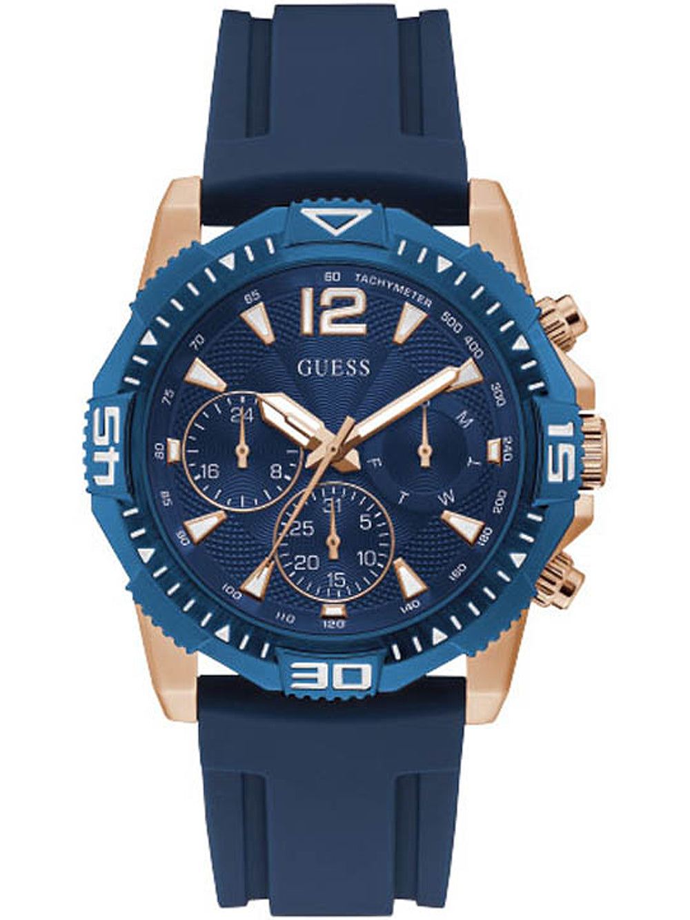 Guess rose gold chronograph men's watch with blue dial and silicone strap