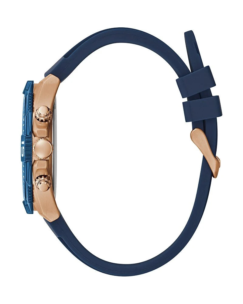 Guess GW0211G4 watch shown from side angle with blue silicone strap and rose gold case