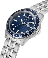 GUESS GW0220G1 angled view of blue dial with GMT bezel and index markers