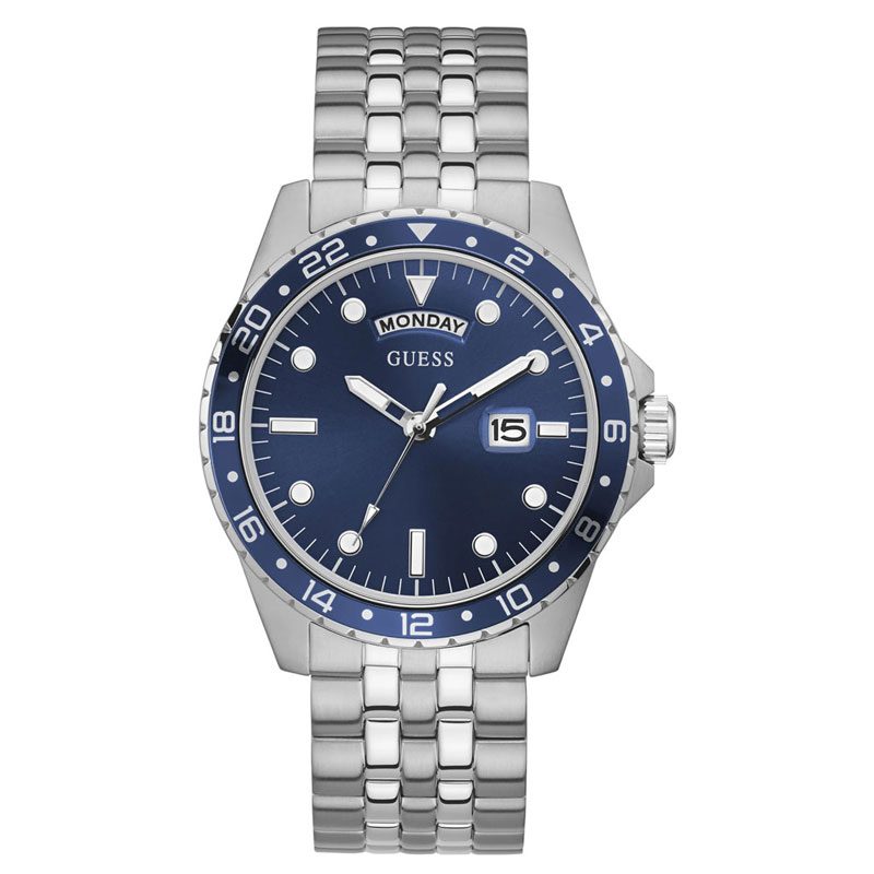 GUESS GW0220G1 silver tone mens watch with blue dial and day/date display