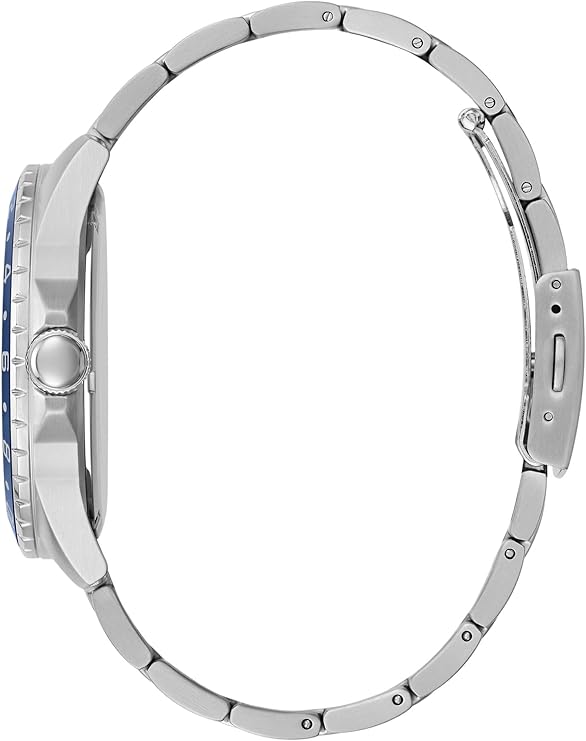 GUESS GW0220G1 side view showing silver stainless steel case and bracelet