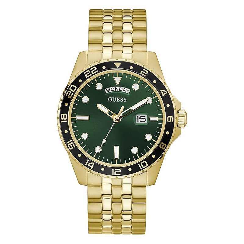 GUESS GW0220G2 gold tone mens watch with green dial and day/date display