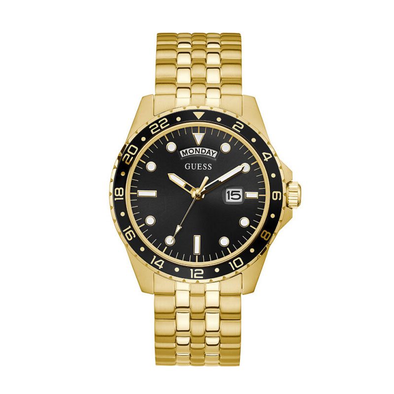 Guess black dial gold men's watch with day-date window and gold bracelet
