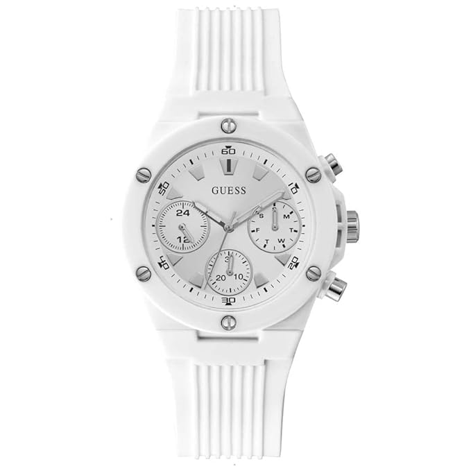 Guess GW0255L1 white ladies chronograph watch with white silicone strap and multi-dial face