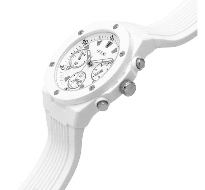 Guess GW0255L1 white chronograph watch side view showing strap and pushers