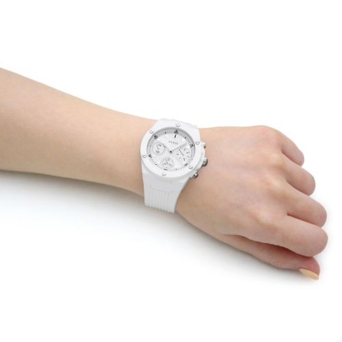 Guess GW0255L1 white ladies watch worn on wrist with white silicone strap