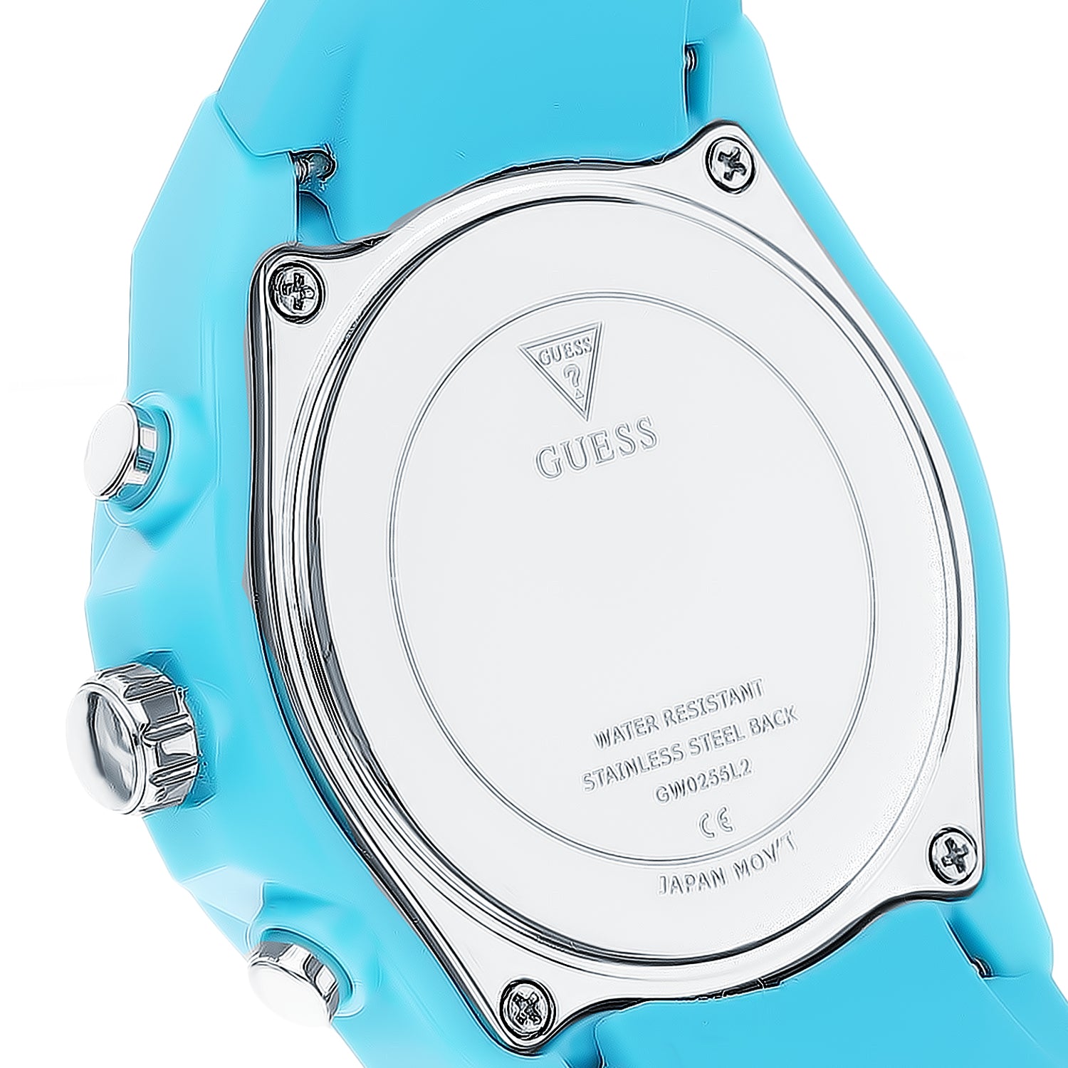 GUESS GW0255L2 caseback showing stainless steel case and water resistance information