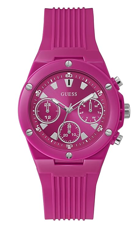 Guess pink chronograph women's watch with pink dial, silicone strap, and multiple sub-dials