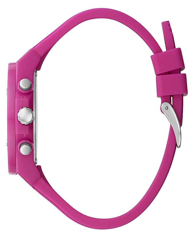Side view of pink silicone strap with buckle closure and spherical accent details