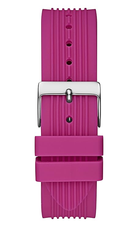 Pink silicone strap with ribbed texture, silver-tone buckle, and adjustment holes