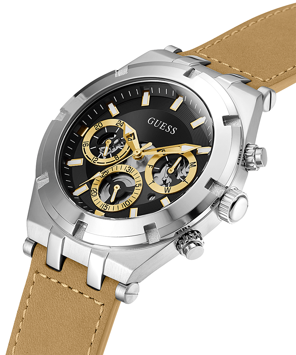 Guess chronograph watch angled view showing silver case and beige leather strap detail
