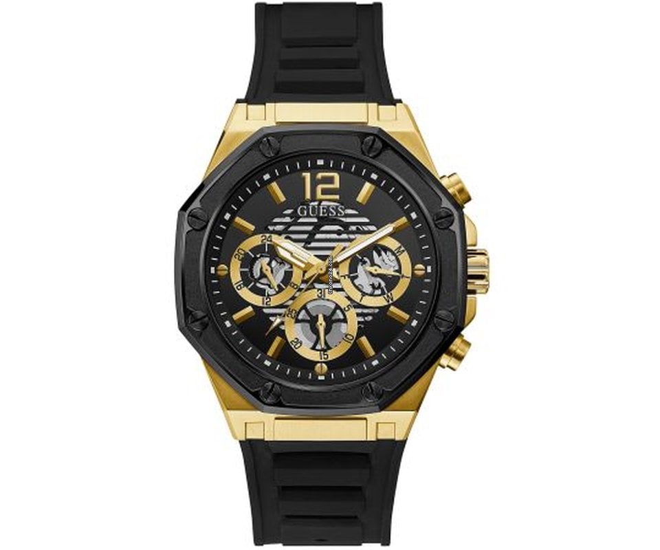 Guess multi-function chronograph watch with gold-tone case, black dial, and black silicone strap