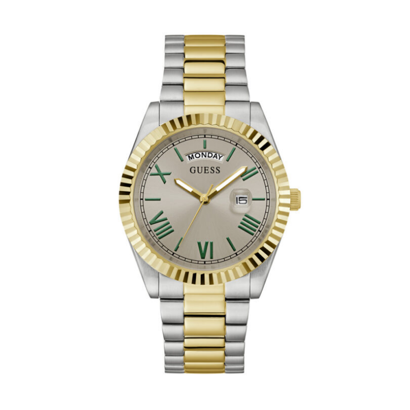 GUESS GW0265G15 two-tone silver and gold day/date mens watch with Roman numeral dial
