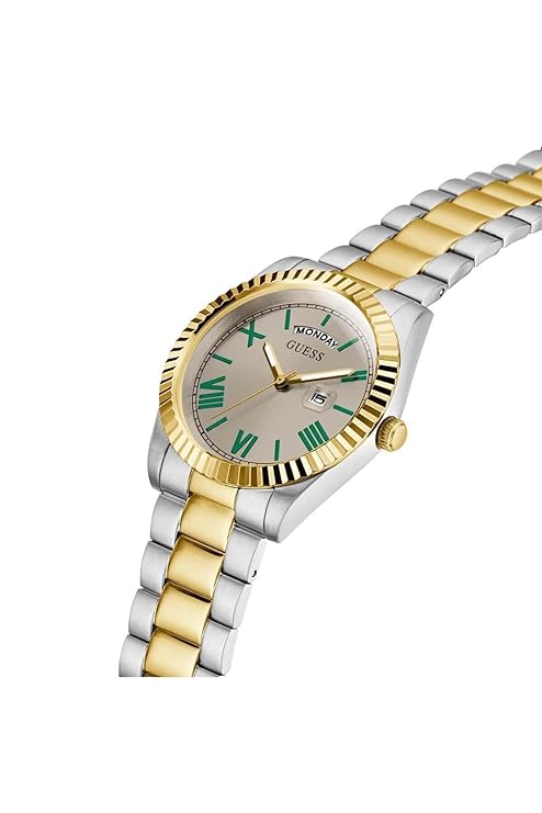 GUESS GW0265G15 two-tone watch on wrist showing Roman numeral dial and bracelet