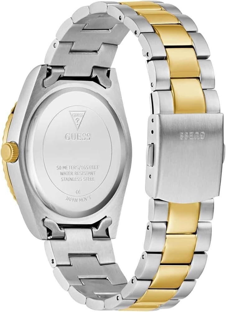 GUESS GW0265G15 caseback showing movement and two-tone bracelet detail