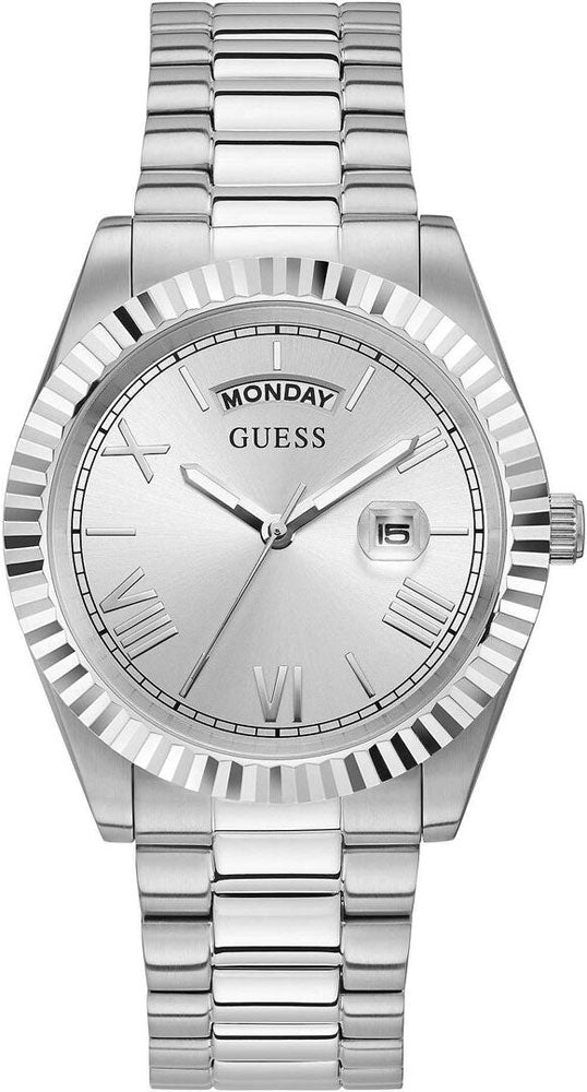 Guess silver-tone stainless steel men's watch with white dial and Roman numerals