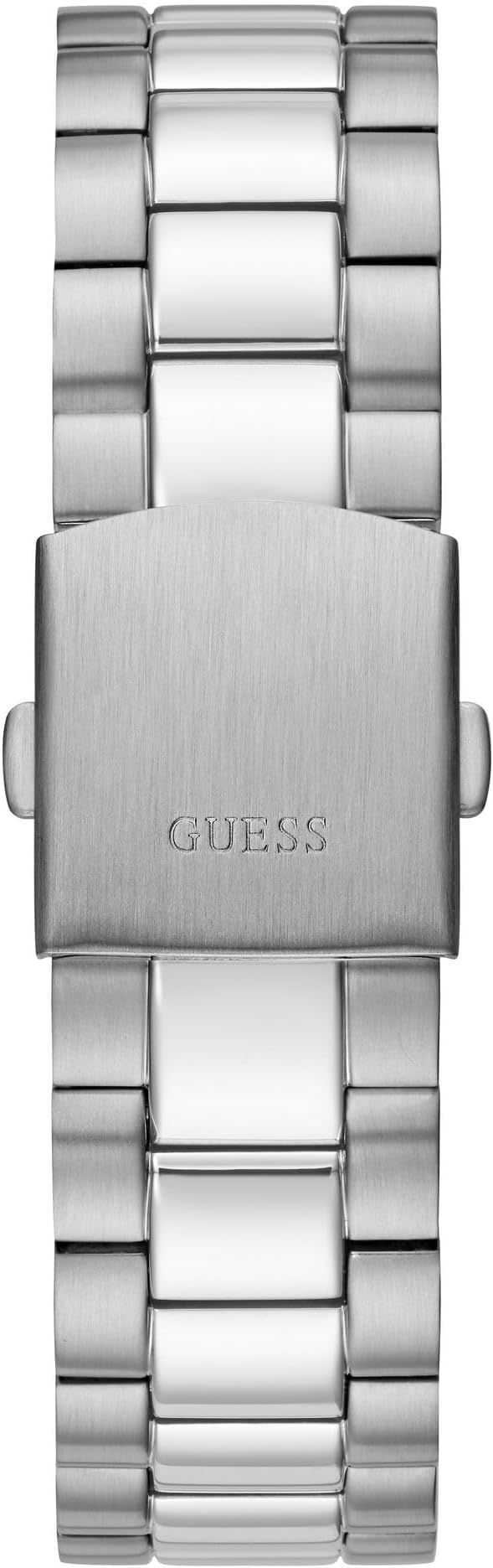 Silver tone stainless steel bracelet and clasp with GUESS branding on case back