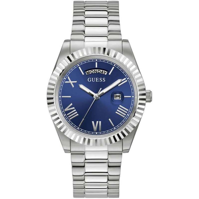 GUESS silver tone men's watch with blue dial, day/date display, and Roman numeral markers