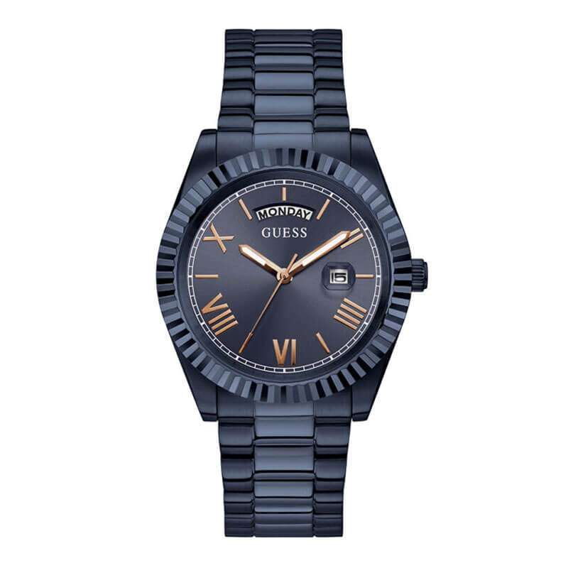 GUESS Navy Day/Date Men's Watch with Roman numeral dial and navy stainless steel bracelet