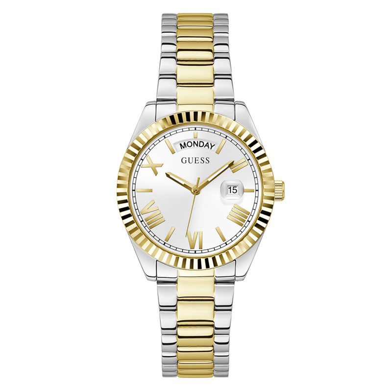 GUESS 2-tone ladies watch with white dial, day/date window, Roman numerals, gold and silver bracelet