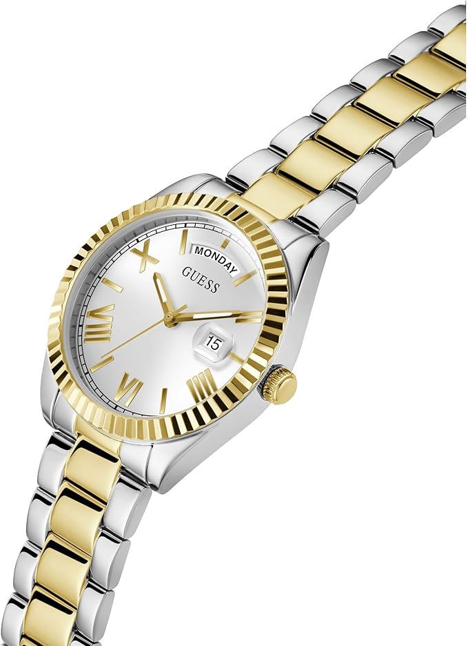 GUESS GW0308L6 angled view of 2-tone watch with day/date dial