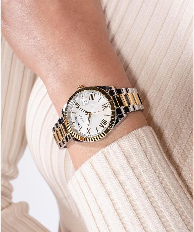 GUESS GW0308L6 ladies watch worn on wrist with 2-tone bracelet