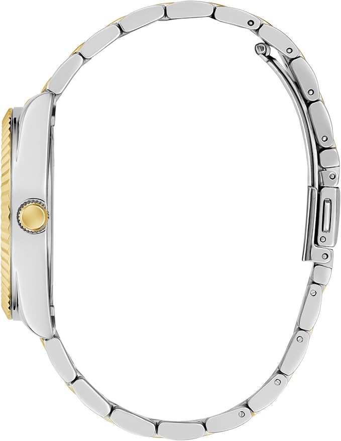 GUESS watch side profile showing 2-tone stainless steel bracelet and gold crown