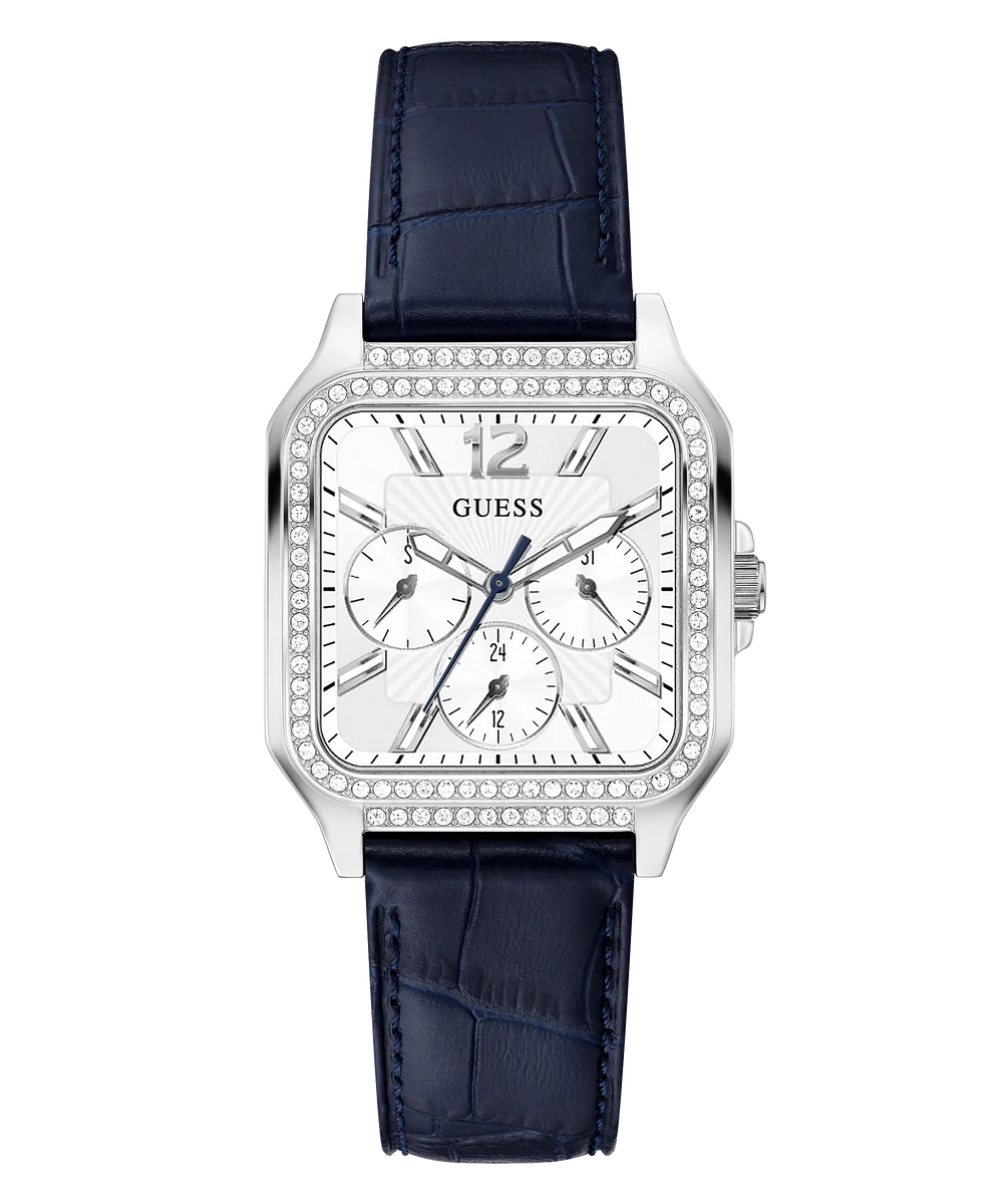 GUESS blue leather women's watch with square dial, rhinestone bezel and silver chronograph subdials