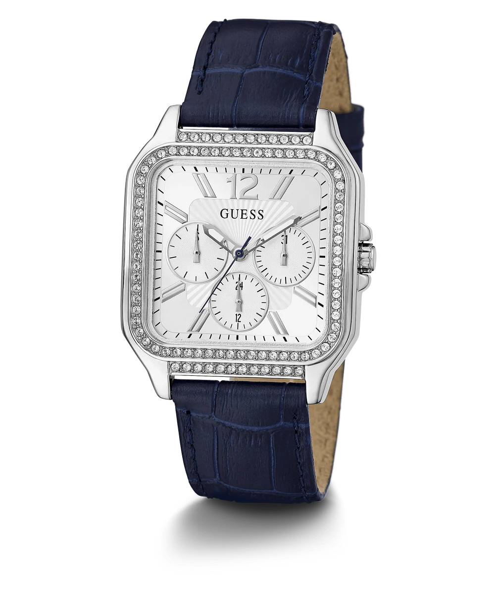 GUESS blue leather women's watch side profile with silver case, white dial and croc-embossed leather strap