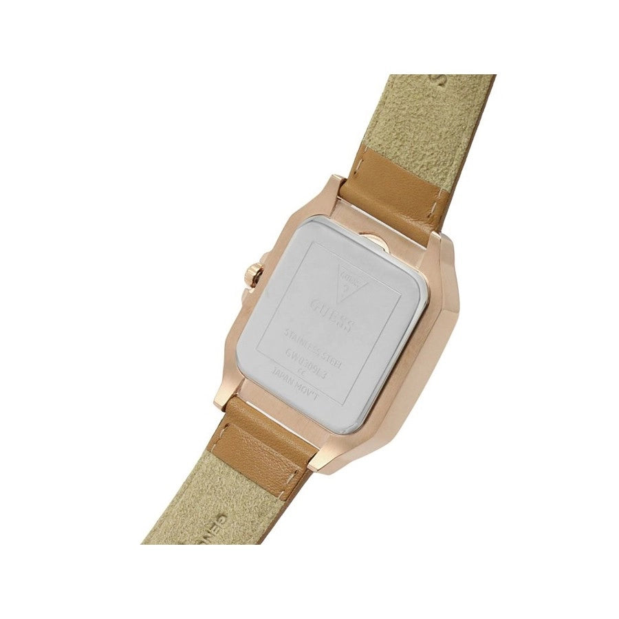Back of watch case showing Guess branding and chronograph movement