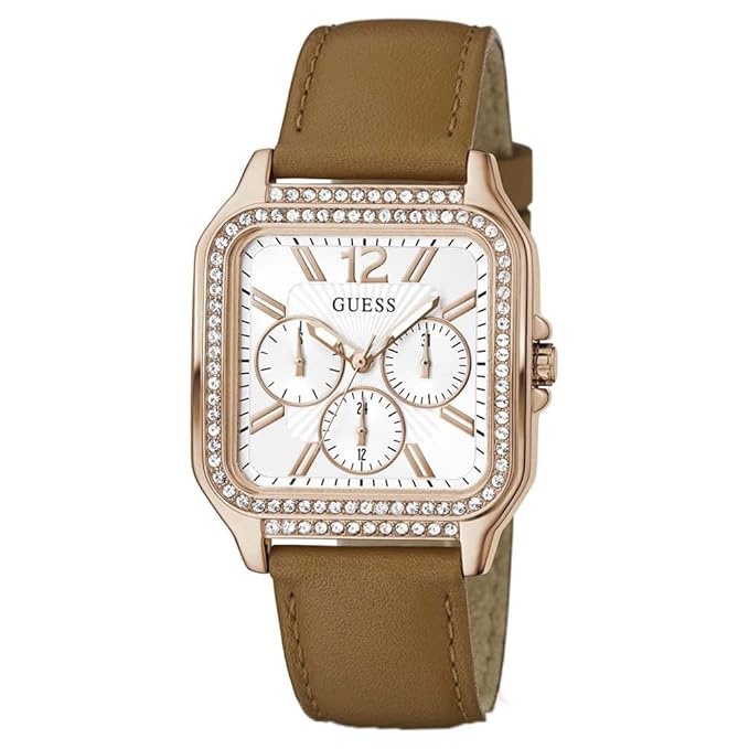 Guess ladies watch with silver dial, crystal-set bezel, and brown leather strap