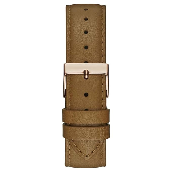 Brown leather strap with metal buckle and stitching detail