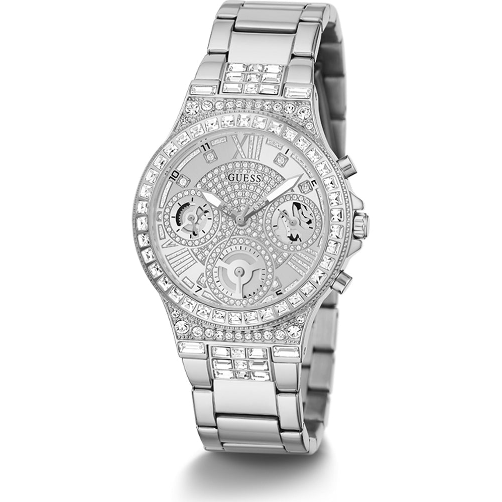 Guess silver tone women's watch with glitz dial and crystal-embellished bezel