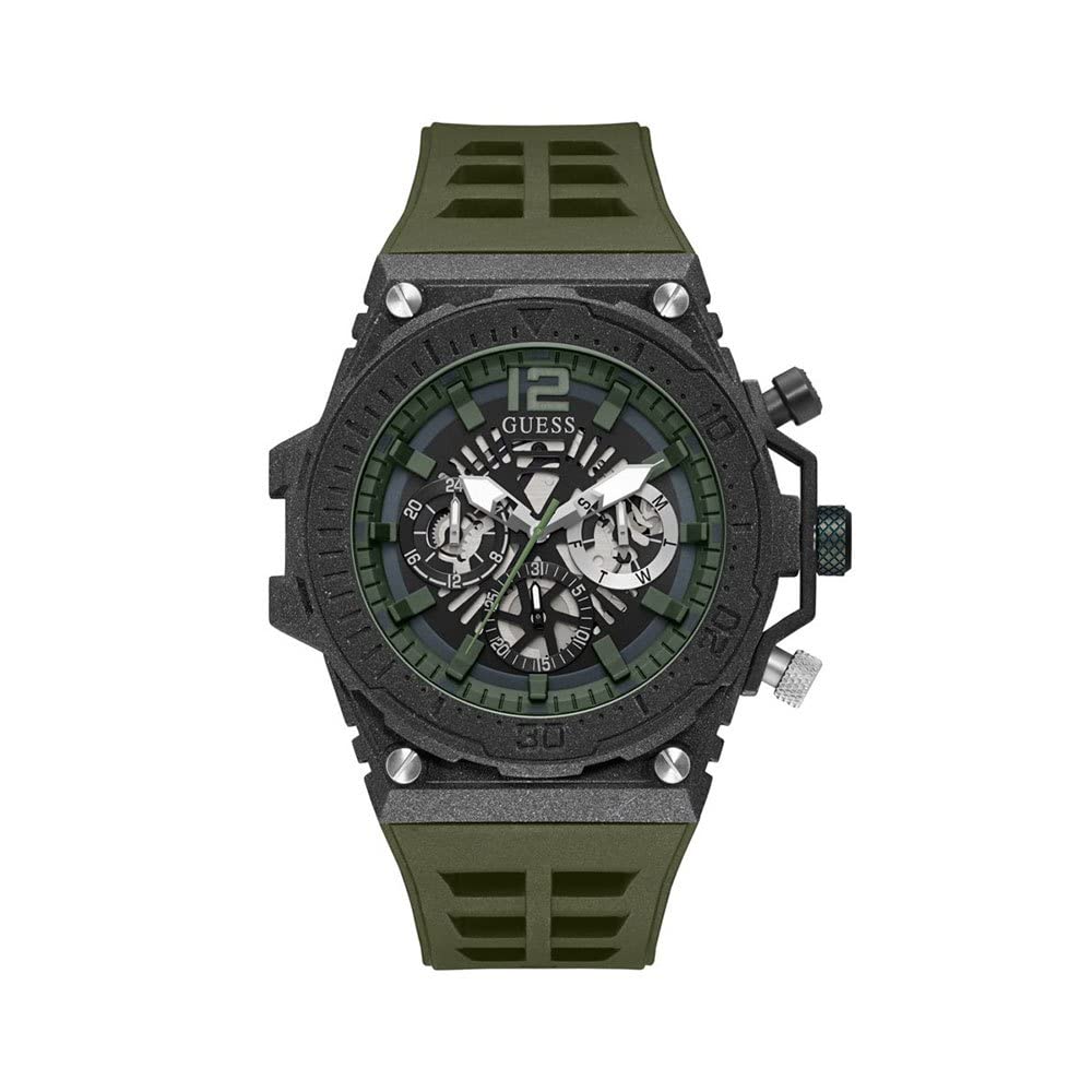 Guess GW0325G2 multi-function men's watch with skeleton dial and olive green rubber strap