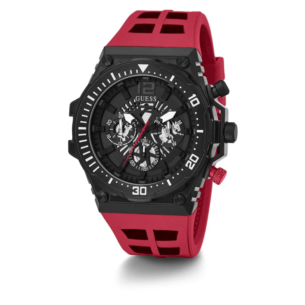 Guess GW0325G3 watch at angle showing black case and red rubber strap with cutout design
