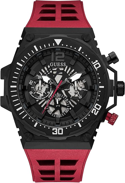 Guess GW0325G3 men's watch with black skeleton dial, black case, and red rubber strap