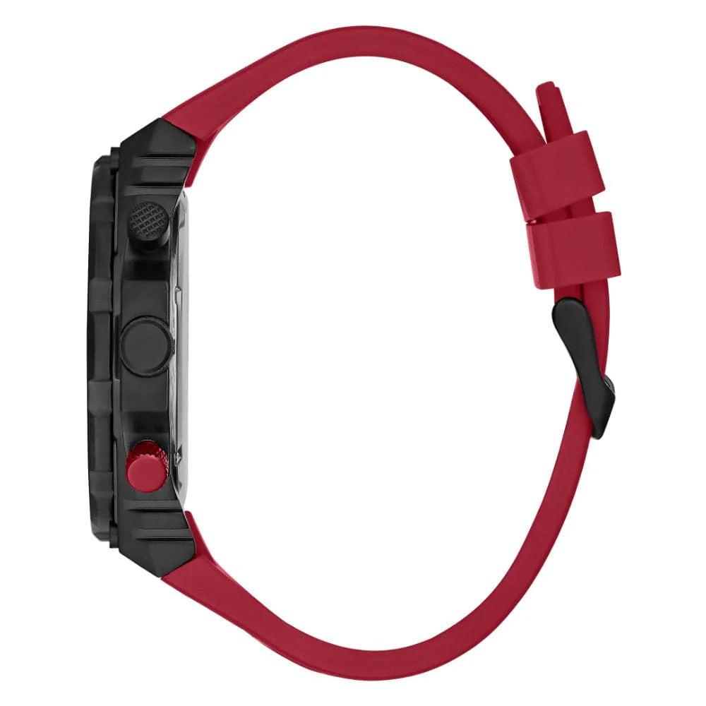 Side view of Guess GW0325G3 showing black case, red chronograph button, and red rubber strap