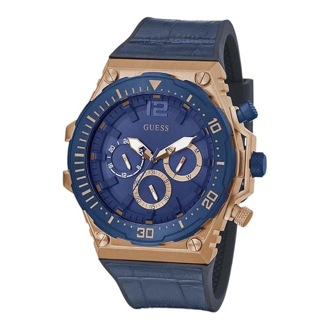 Guess GW0326G1 chronograph watch at three-quarter angle showing blue dial and rose gold case