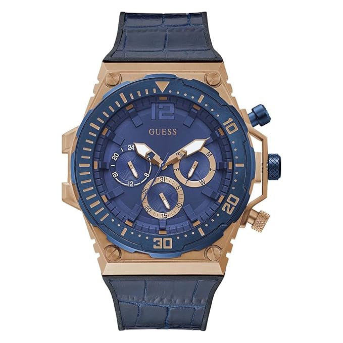 Guess GW0326G1 men's watch with blue dial, rose gold case, and blue leather band