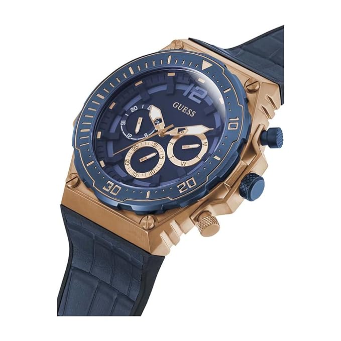 Guess GW0326G1 men's chronograph watch worn on wrist with blue dial and leather band