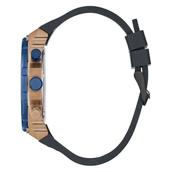 Guess GW0326G1 watch shown from side profile with blue leather strap and rose gold case