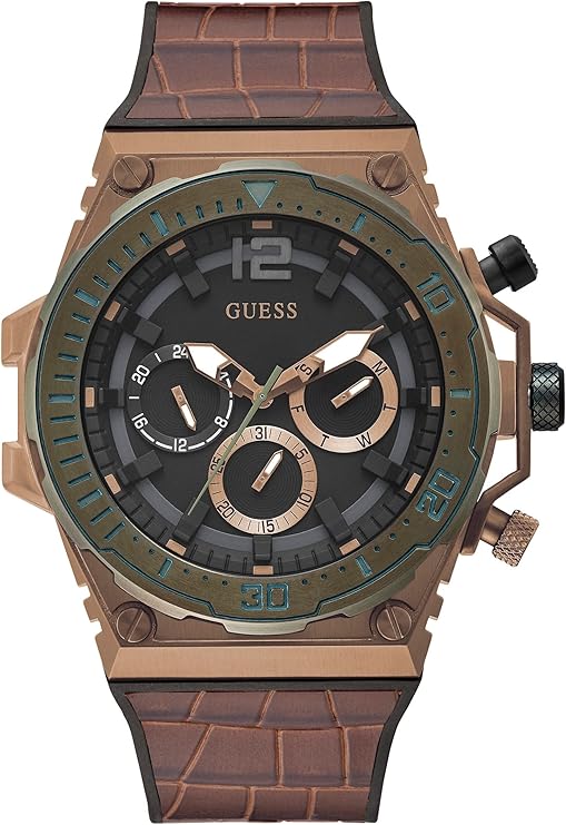 GUESS GW0326G2 round coffee dial analog chronograph watch with tan case and brown leather strap
