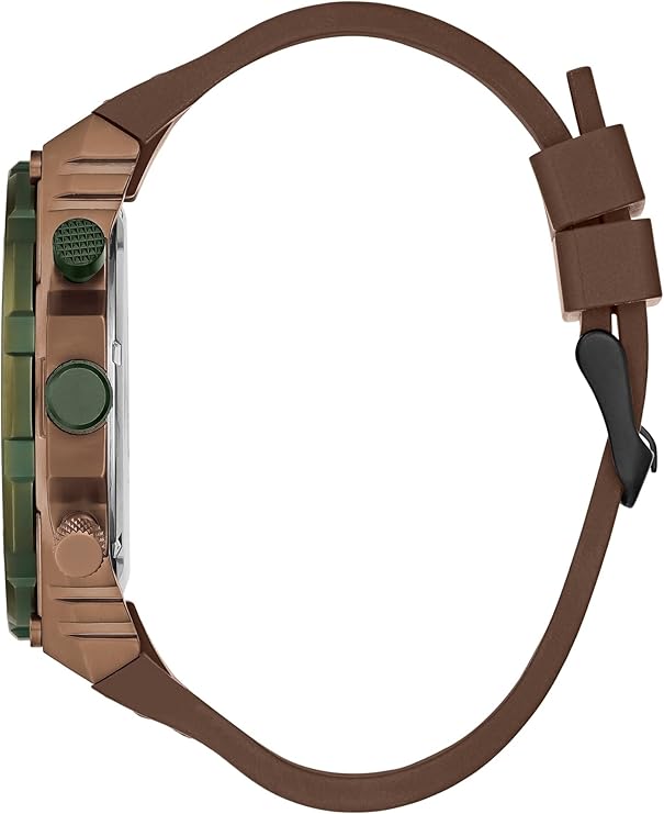 GUESS GW0326G2 side view showing tan brushed case, green accents, and brown leather strap