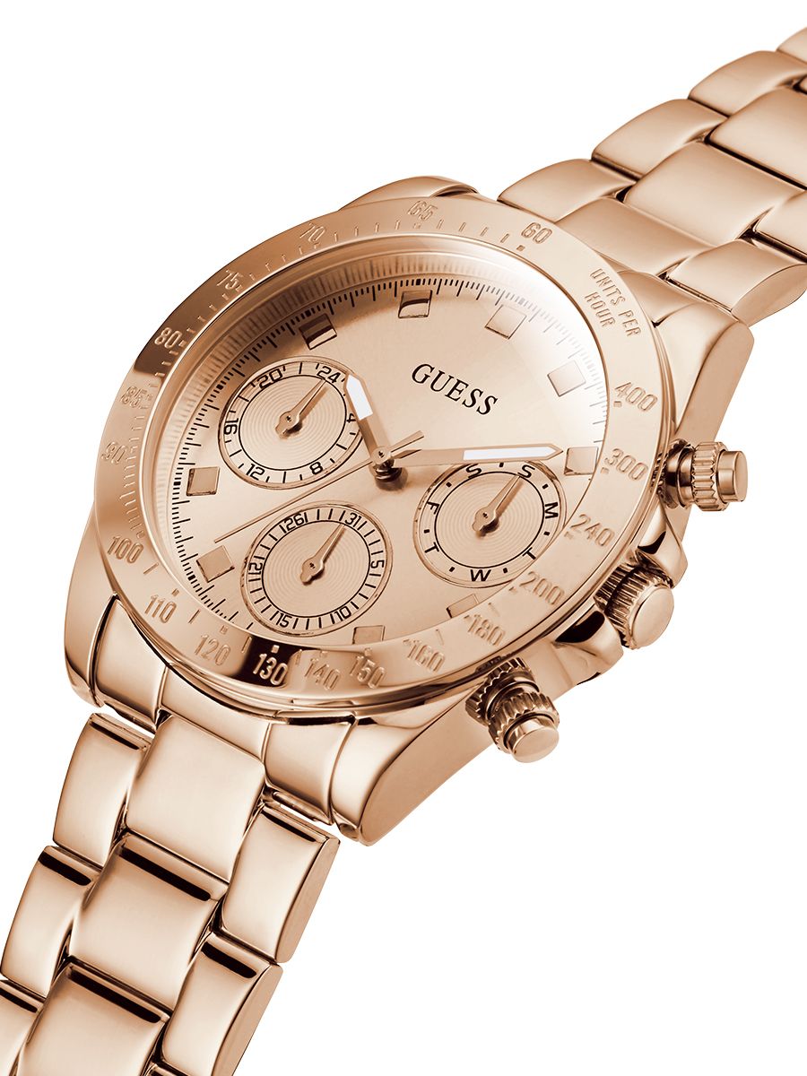 Angled view of Guess GW0329G2 rose gold-tone chronograph watch with matching bracelet