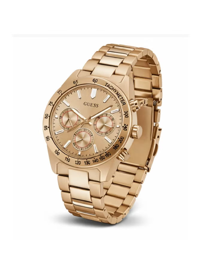 Side view of Guess GW0329G2 rose gold-tone watch with chronograph subdials and bracelet