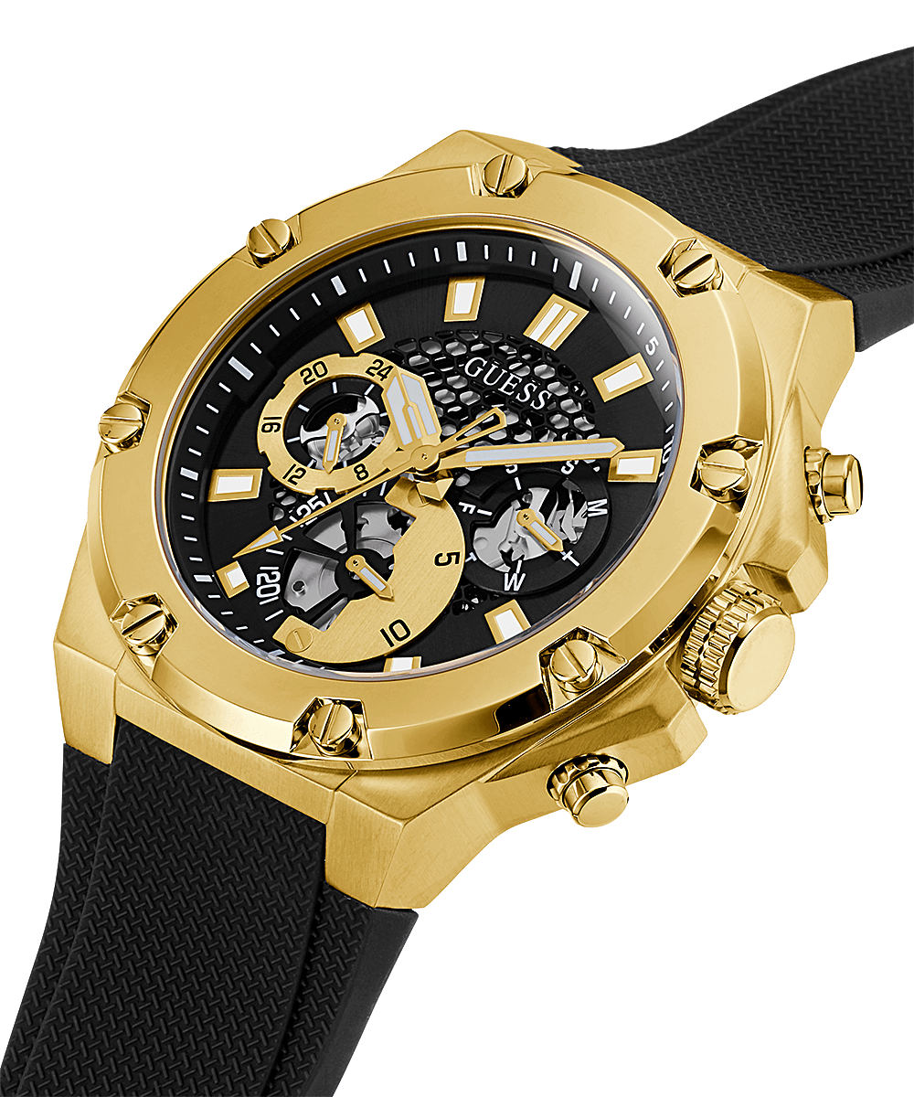 Guess gold tone chronograph watch at angle showing dial and black silicone strap